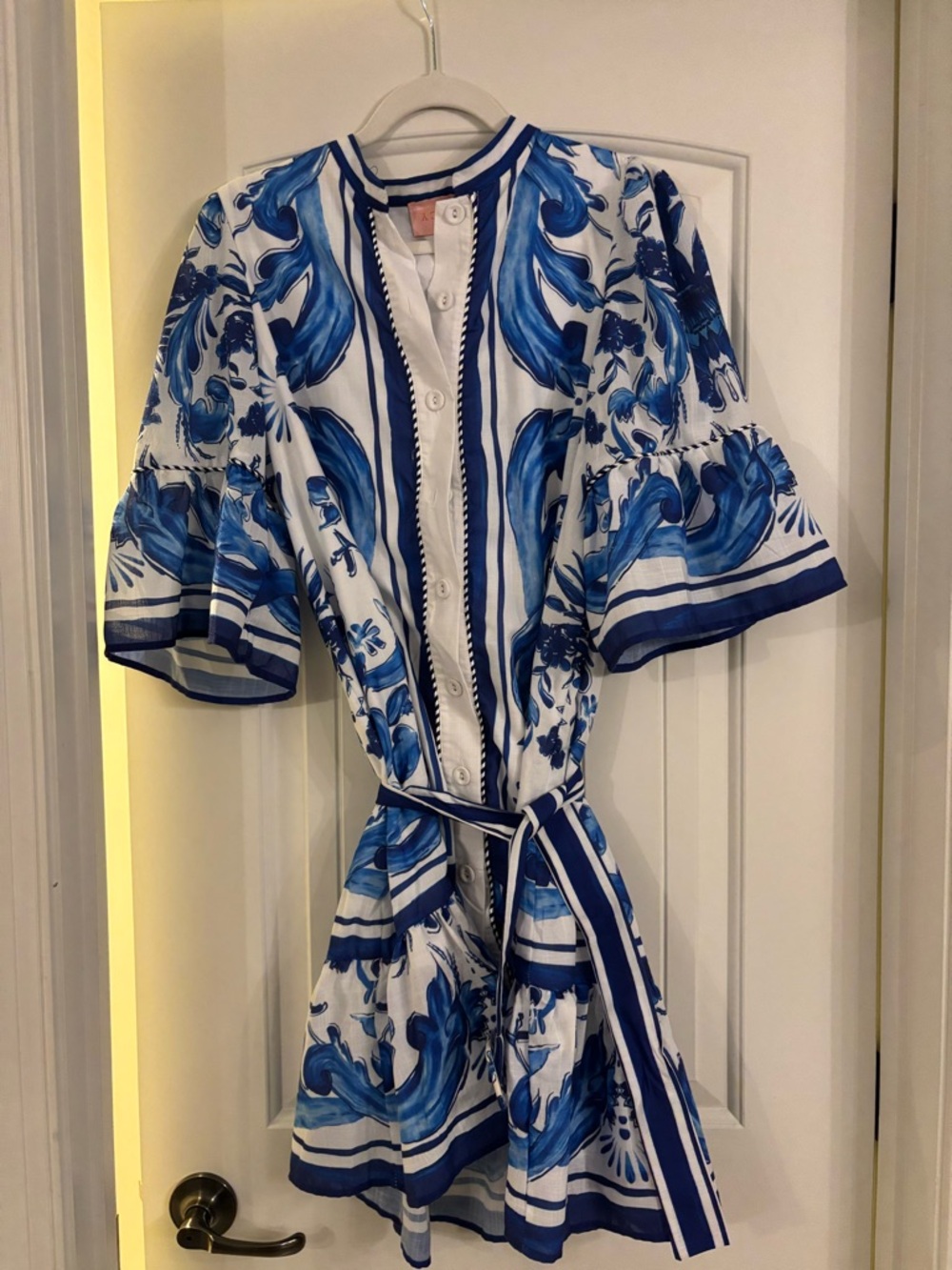 Blue and White Floral Button-Front Belted Dress